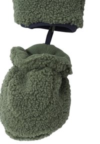 Fleece booties in olive green with a textured, fluffy surface. Features a drawstring closure for a secure fit.