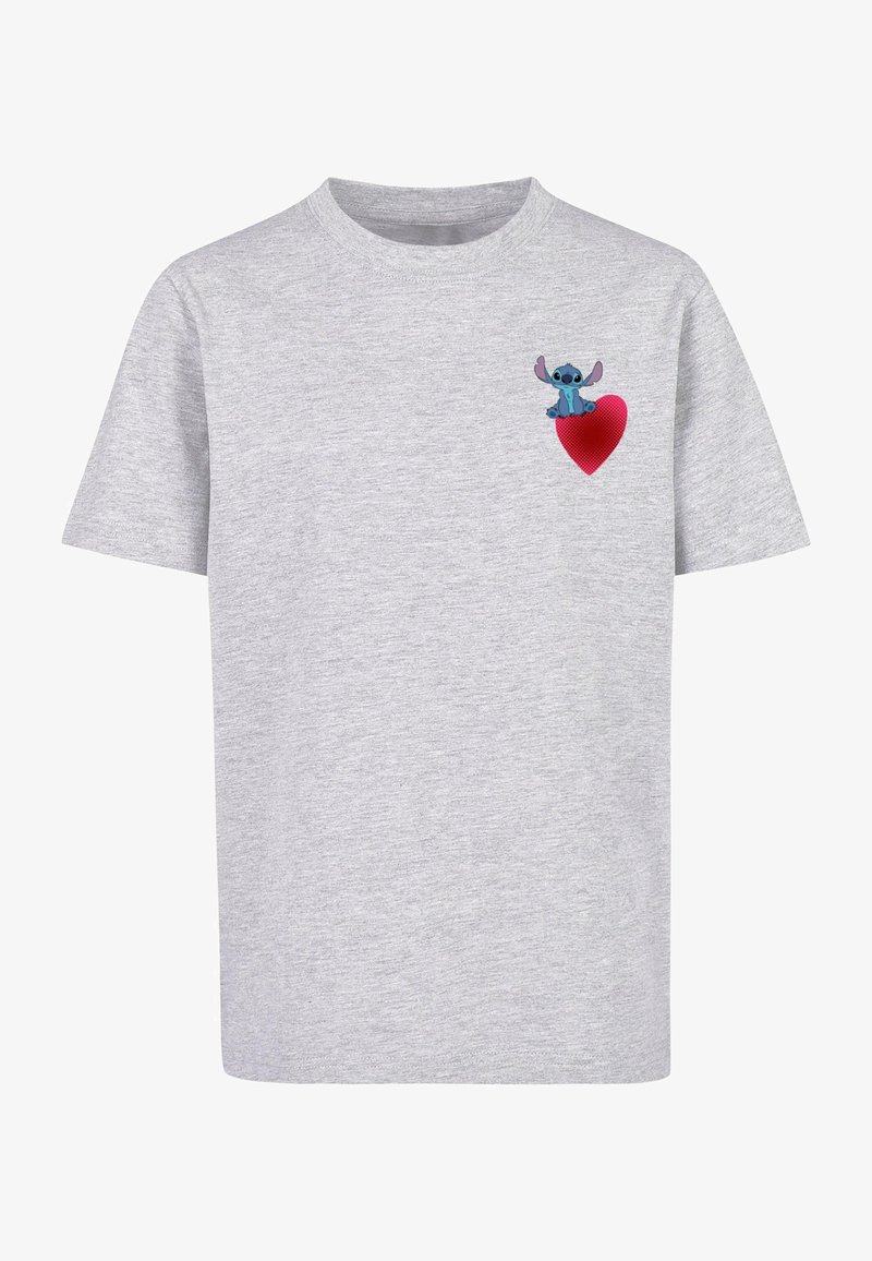 Hallide hall-woolist t-särk lühikeste varrukatega, millel on prinditud sinine multifilmitegelane, kes istub punase südame peal, vasakul rindkeral.