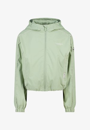 Lichtgroen cropped jack gemaakt van een glad, lichtgewicht materiaal, met een capuchon, een rits aan de voorkant en witte biezen als accenten.
