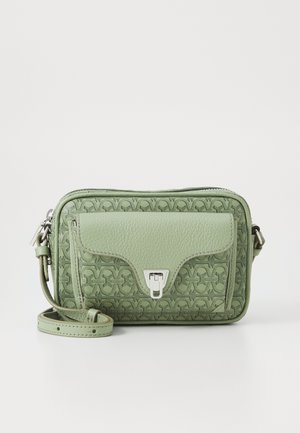 Green leather crossbody bag with a textured pattern, front flap pocket, and silver hardware. Features an adjustable strap.