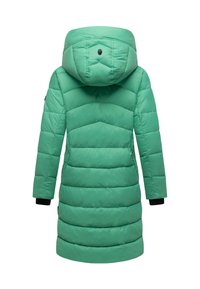 Green padded coat with a hood, featuring horizontal quilted sections, black cuffs, and a subtle logo detail on the back. Soft, smooth texture.