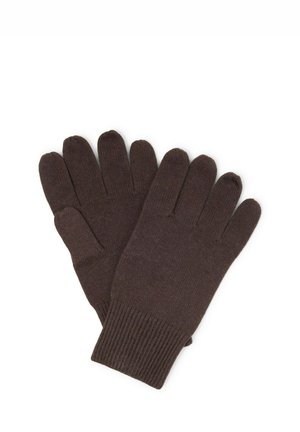 Par de guantes de invierno tejidos en marrón oscuro con puños acanalados, colocados planos sobre un fondo blanco.