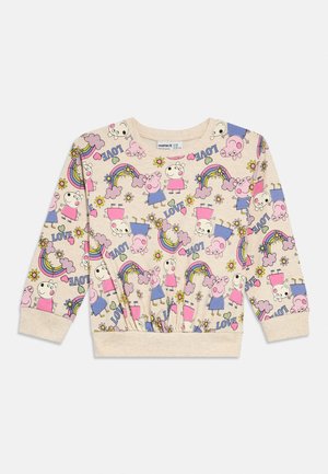 Children’s long-sleeve cream sweatshirt patterned with cartoon pig characters, rainbows, flowers, hearts, and the word “LOVE” in blue letters.