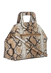 Sac à main structuré en similicuir effet serpent, présentant un motif beige et marron, une poignée supérieure avec une découpe et une bandoulière amovible avec une poche zippée dorée.