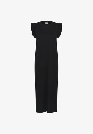 Crna midi haljina okruglog izreza s kratkim naboranim rukavima, ravnog kroja, prikazana na bijeloj pozadini.