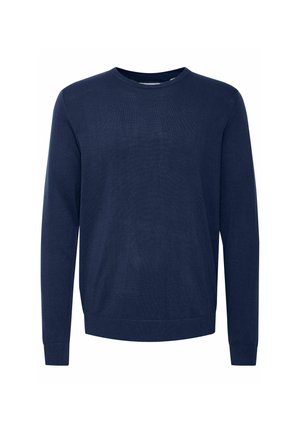 Maglione in maglia blu navy con scollatura rotonda, maniche lunghe e polsini e orlo a costine. Texture liscia, senza motivi o dettagli in metallo.