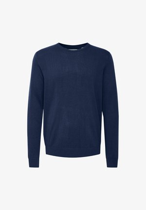 Pulover tricotat bleu marin cu guler rotund, maneci lungi și cu mâneci și tiv cu elastic. Textură fină, fără modele sau detalii din metal.