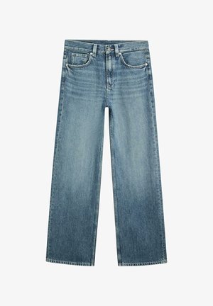 Lichtblauwe denim jeans met wijde pijpen, een hoge taille, een knoopsluiting aan de voorkant en een vijfzakkenstijl.