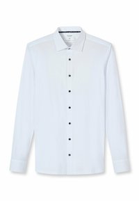 Weißes, langärmliges Hemd aus Baumwolle mit spitzem Kragen, ausgestattet mit dunklen Knöpfen und einem dezenten Muster im Krageninneren.