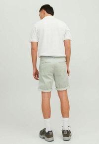 Lichtgroene shorts met opgerolde zoom, gemaakt van gestructureerde stof, met twee achterzakken en een klein merkembleem, gecombineerd met een witte polo.