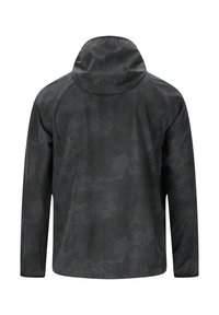 Vandafvisende sort jakke med mat finish. Har hætte, lange ærmer og et subtilt struktureret mønster på stoffet.