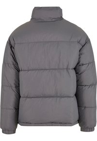 Graue Pufferjacke mit hohem Kragen, gesteppter Optik, gerippten Bündchen und gepolsterter Textur. Klassische Silhouette mit einem schlichten und funktionalen Stil.