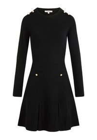Abito lungo nero a maniche lunghe con top aderente e gonna svasata. Presenta dettagli in oro sui bottoni delle spalle e due tasche frontali decorate con bottoni dorati.