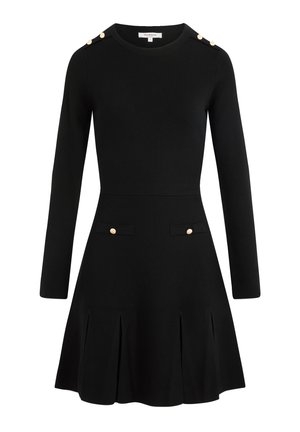 Schwarzes langärmliges Kleid mit enganliegendem Oberteil und weit ausgestelltem Rock. Verfügt über goldene Knopfakzente an den Schultern und zwei vorderen Taschen mit goldenen Knöpfen.
