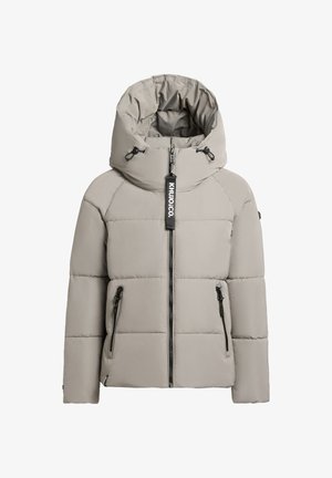 Helehall hallitusest padjakate, millel on kõrge krae, tõmbluku ette, kaks külgtaskut ja mustad tõmblukkaktsendid. Krael on logo silt.