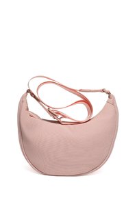 Borsa a tracolla in tessuto rosa con forma curvilinea, spallacci regolabili e chiusura a zip. Tessuto liscio con dettagli di cucitura sottili.