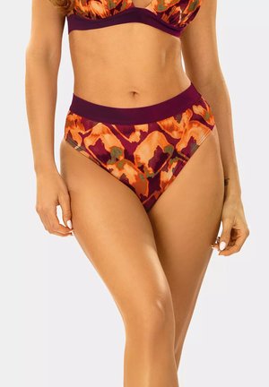 Bikini w wysokim stanem w intensywnym pomarańczowym, fioletowym i zielonym abstrakcyjnym wzorze. Posiada gładką talię oraz teksturowane wykończenie.