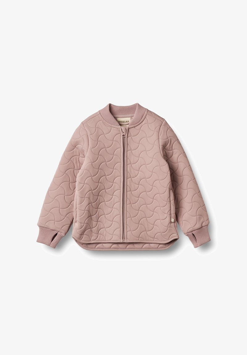 Hellrosa gesteppte Jacke mit Frontreißverschluss, Rippenkragen und -bündchen, entwickelt für Wärme und Komfort.