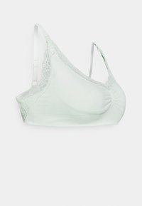 Bralette verde claro com acabamento em renda, tecido suave e alças ajustáveis. Apresenta um centro franzido para suporte suave e um acabamento liso.