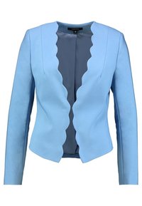 Light blue jacket featuring a scalloped edge design, long sleeves, and a smooth interior lining. Made from a soft, textured material.