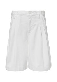 Białe bawełniane szorty z plisowanym wzorem, wąską talią i podwiniętymi mankietami. Zawierają boczne kieszenie i zapięcie na guzik.