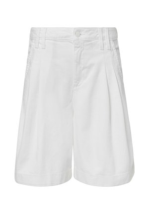 White cotton shorts with pleated design, skinny waistband, and rolled cuffs. Features side pockets and a button closure.