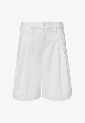 Weiße Baumwollshorts mit Falten-Design, schmalem Taillenbund und aufgerollten Säumen. Verfügt über Seitentaschen und einen Knopfverschluss.