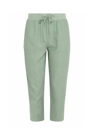Lekkie zielone spodnie o krótkiej długości z elastycznym pasem, regulowanym sznurkiem i przednimi nakładanymi kieszeniami, wykonane z miękkiego materiału.