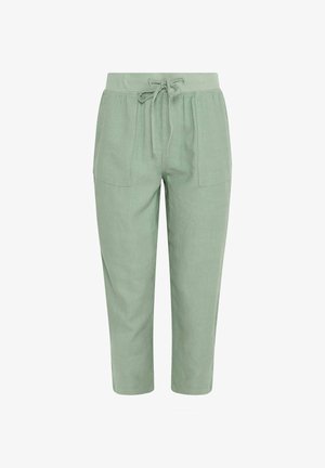 Pantalon court vert clair avec taille élastique, cordon ajustable et poches plaquées à l'avant, fabriqué en tissu doux.