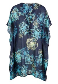 Kaftan navy con motivi floreali in blu e giallo. Presenta un collo a V e dettagli con cordoncino sulla scollatura. Tessuto leggero e fluente.