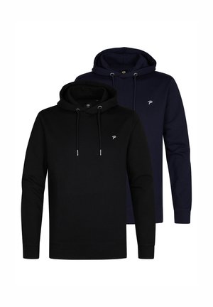 Dos sudaderas en negro y azul marino, hechas de una tela suave. Ambas cuentan con cordones, bolsillos tipo canguro y un pequeño logo en el pecho.