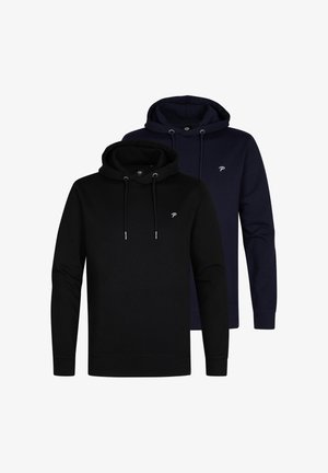 Dos sudaderas en negro y azul marino, hechas de una tela suave. Ambas cuentan con cordones, bolsillos tipo canguro y un pequeño logo en el pecho.