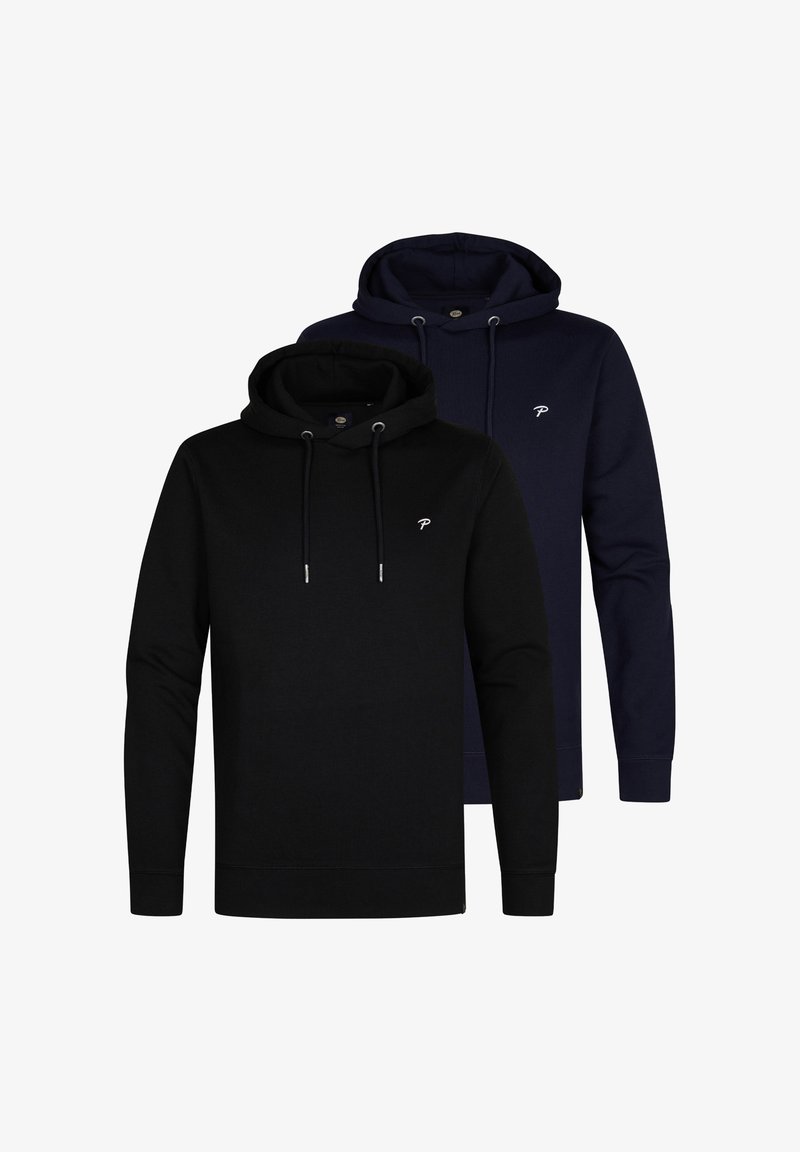 Dos sudaderas en negro y azul marino, hechas de una tela suave. Ambas cuentan con cordones, bolsillos tipo canguro y un pequeño logo en el pecho.