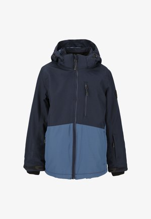 Granatowa i jasnoniebieska kurtka narciarska z kapturem, z zamykanymi na zamek kieszeniami, elastycznymi mankietami i wodoodporną powłoką.