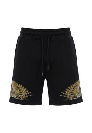 Shorts neri con coulisse e vita elasticizzata, con motivi di ali di uccello dorate e verdi su entrambe le gambe vicino all'orlo.