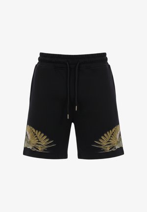 Shorts neri con coulisse e vita elasticizzata, con motivi di ali di uccello dorate e verdi su entrambe le gambe vicino all'orlo.