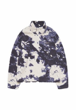 Krémový a tmavě modrý fleecový pulovr s tie-dye vzorem, vybavený polovičním zipem, stojáčkovým límcem a přední kapsou s logem. Měkká, texturovaná látka.