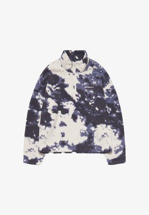 Fleece-Pullover im cremefarbenen und marineblauen Batikmuster, mit einem halben Reißverschluss, Stehkragen und einer Fronttasche mit Logo. Weicher, strukturierter Stoff.