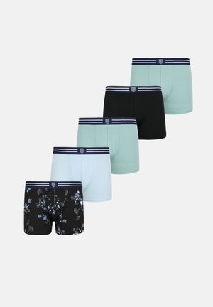 Five pairs of men's boxer briefs in black with blue floral, light blue, and mint green colors, each with navy striped waistbands.