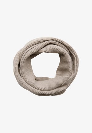 Beige knit infinity scarf with ribbed texture and subtle glitter accents, forming a continuous circular shape. Soft and lightweight material.