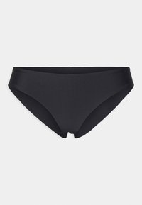 Musta bikinitynnyri, jossa on minimalistinen muotoilu. Valmistettu sileästä ja joustavasta kankaasta, siinä on matala vyötärö ja kohtuullinen peittävyys.