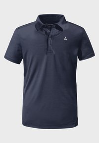 Navyblaues Polohemd aus strukturiertem Stoff, mit klassischem Kragen, Knopfleiste mit drei Knöpfen und kleinem Logo auf der linken Brust.