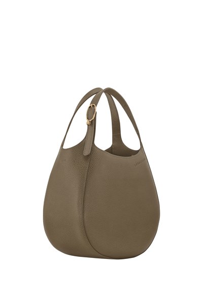 Olive green leather handbag with a soft, textured surface. Features two curved handles and a gold-tone hardware accent.