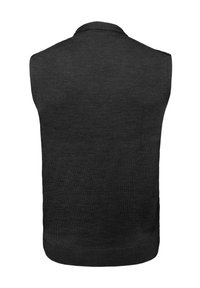 Schwarzer ärmelloser Pullover mit gestrickter Textur und geripptem Saum, klassischem Kragen und einfarbigem Design.