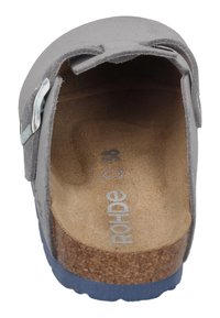 Gray suede clog with a cork insole, light blue rubber outsole, and a silver-tone buckle accent. Open back design for easy wear.