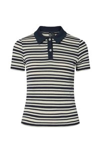 Randig polo t-shirt i bomull; har marinblå och krämfärgade horisontella ränder, korta ärmar, en knäppning framtill och en marinblå krage.