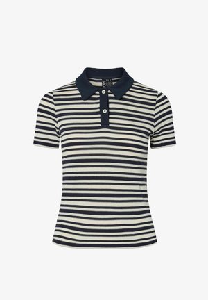 Stribet polo skjorte lavet af bomuld; har marineblå og cremefarvede vandrette striber, korte ærmer, en knaplukning og en marineblå krave.