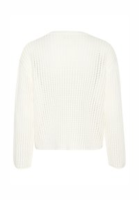 Pull en tricot blanc avec un motif en maille ouverte, design court et épaules tombantes. Finition texturée avec des manches longues.