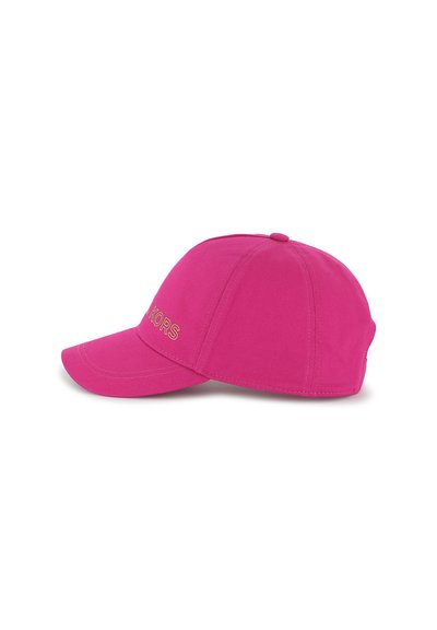 Pink cotton baseball cap featuring a curved brim and embroidered logo on the front. Smooth texture with a structured crown and adjustable back.