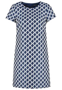 Robe bleue ornée d'un motif géométrique en diamants blancs, fabriquée en tissu lisse, avec des manches courtes et un col rond.